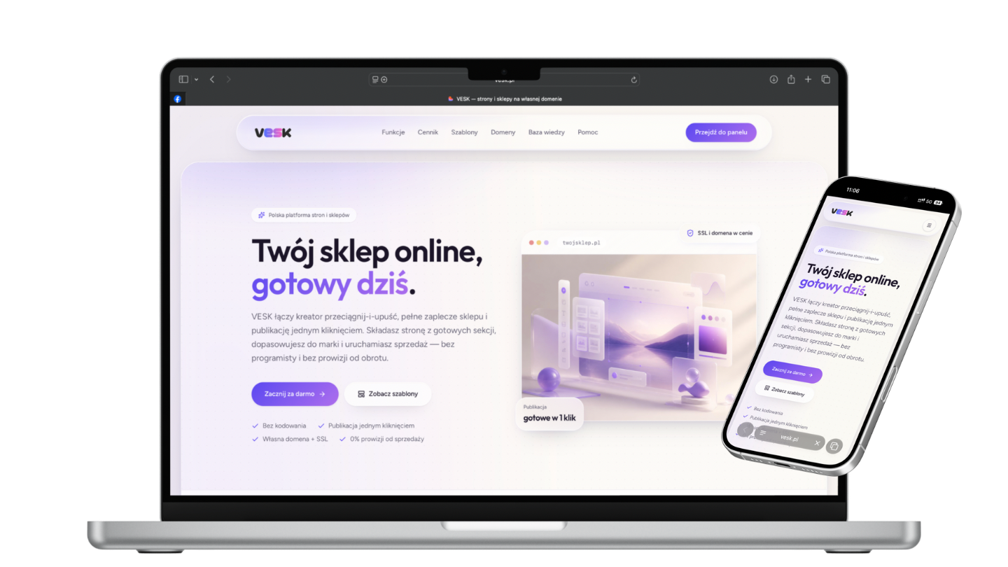 VESK - prezentacja kreatora stron i sklepów na laptopie i telefonie