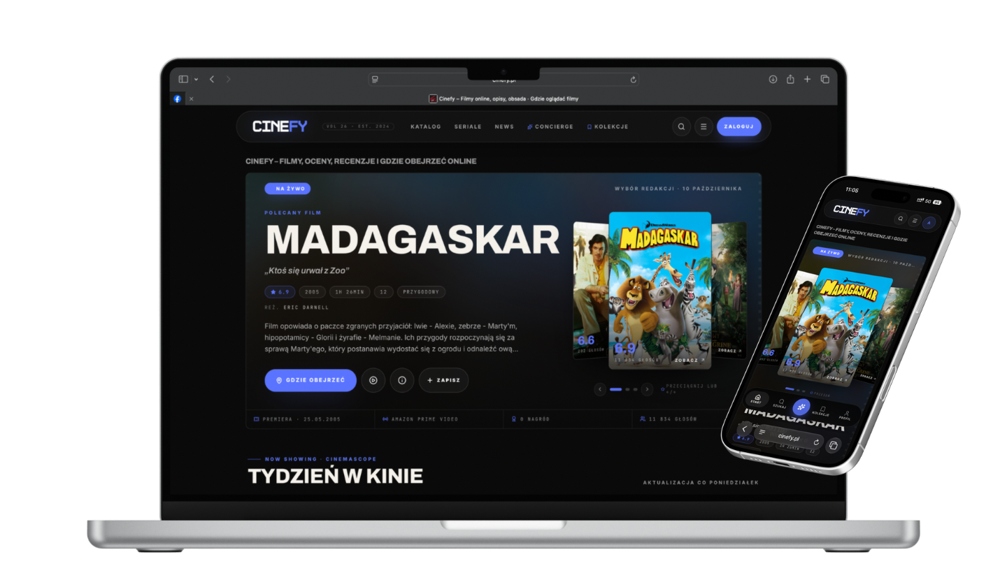 Cinefy - prezentacja portalu filmowego na laptopie i telefonie